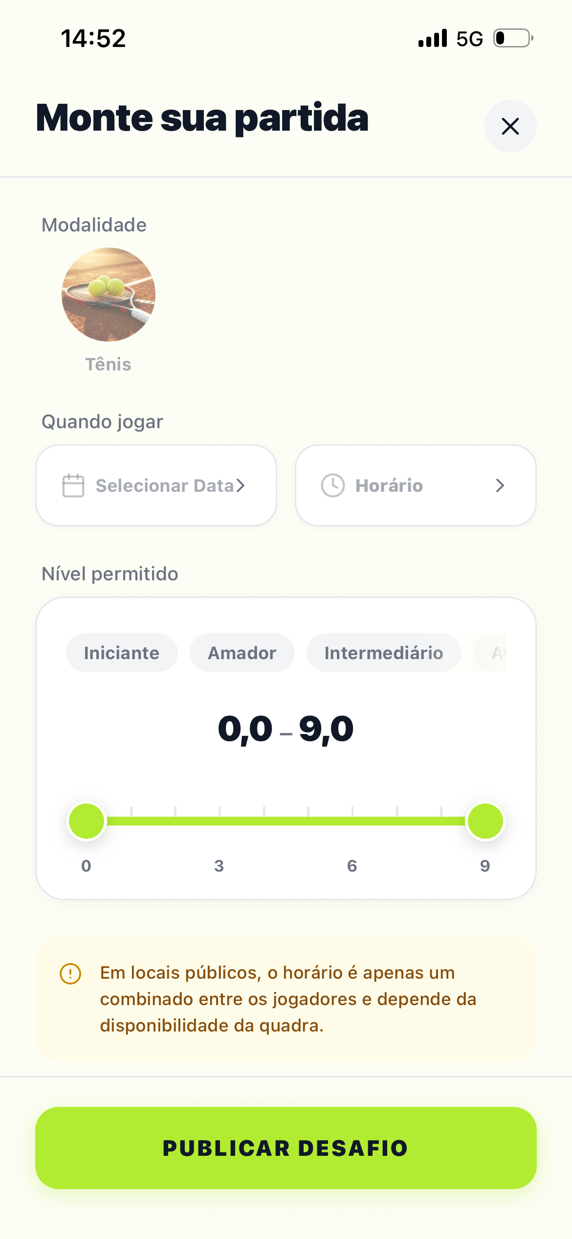 Tela de criar desafio no app, com o nível permitido ajustável de 0,0 a 9,0