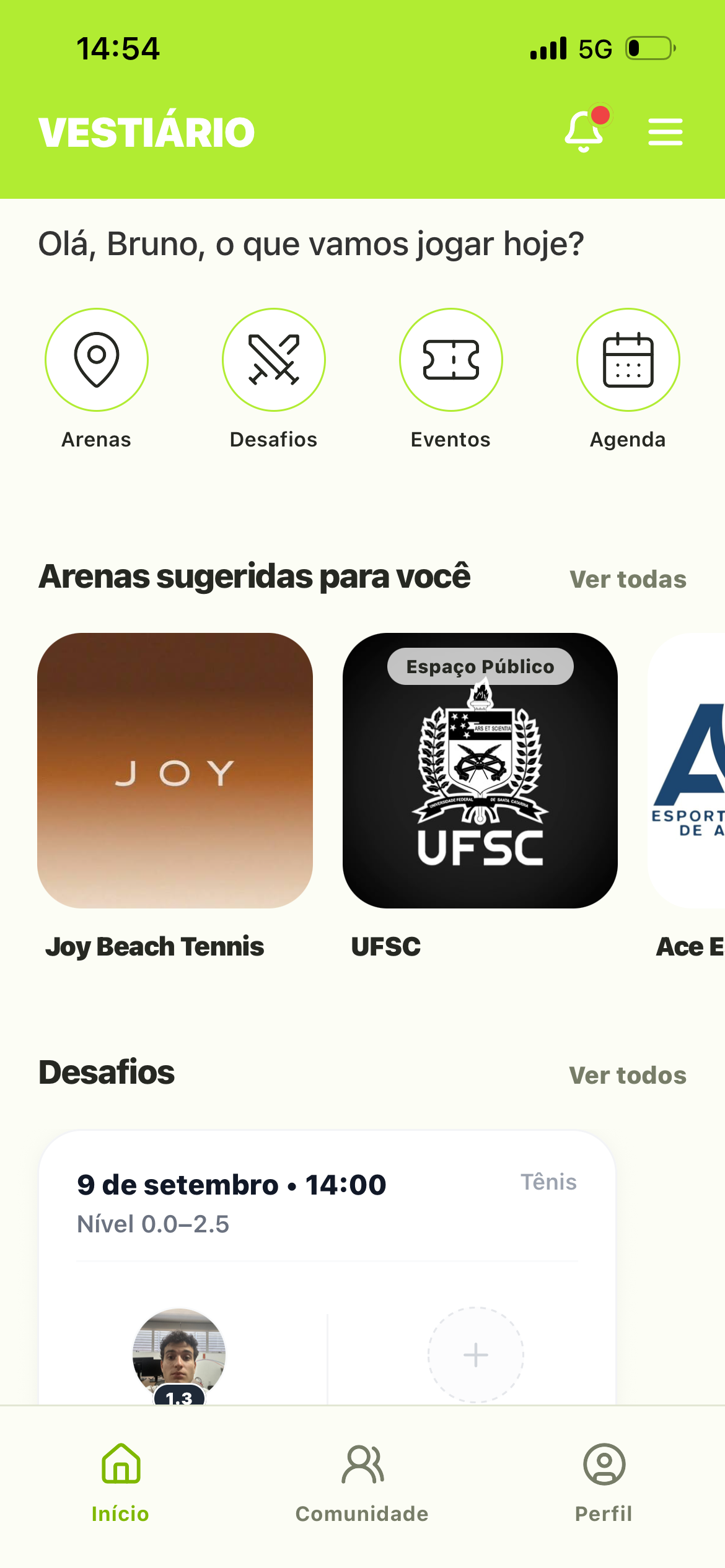 Início do app com um desafio aberto de tênis, nível 0.0–2.5, com uma vaga livre pra entrar
