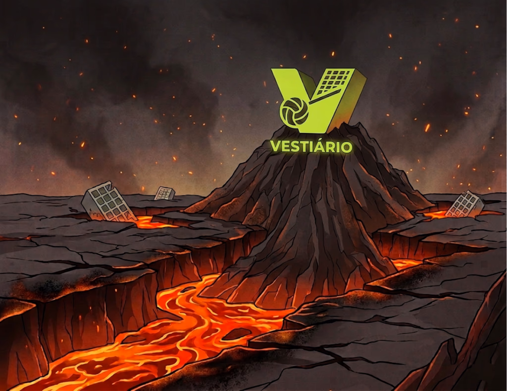 Ilustração de uma paisagem vulcânica devastada, com prédios destruídos ao redor e o logo da Vestiário no topo do vulcão